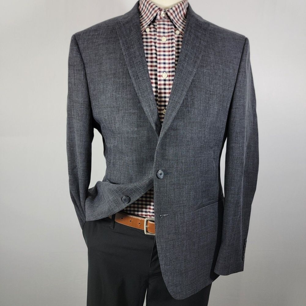 Andrew Fezza Mens Sport Coat Blazer Two Button Gray Blue Polyester Sharkskin 44R